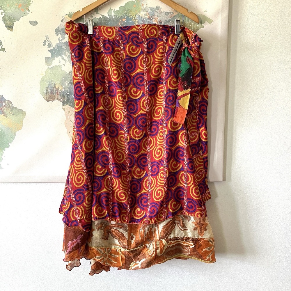 Darn Good Yarn Skirt Size XL 14-20 Wrap Sari Red Yellow Orange Boho NWT